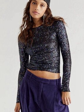 Free People Black Sequin Long-Sleeve Top